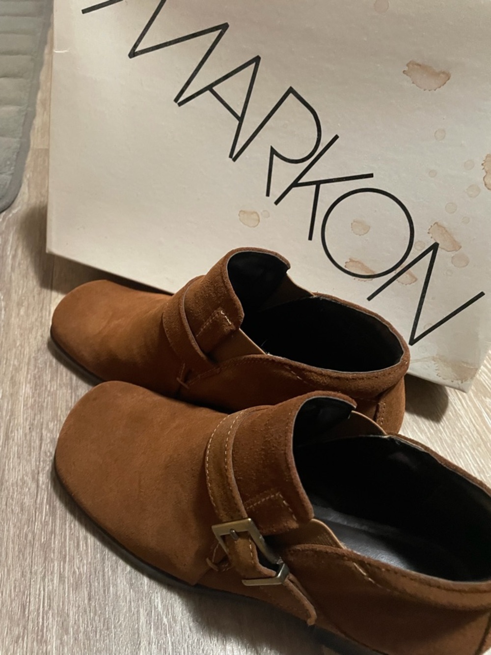 Markon Women’s Tan Suede Ankle Booties with Buckle